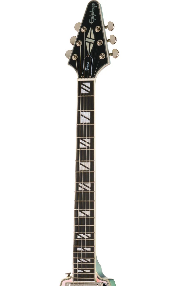 mat-phim-ebony-va-phim-thep-khong-gi-tren-epiphone-futura-flying-v-custom